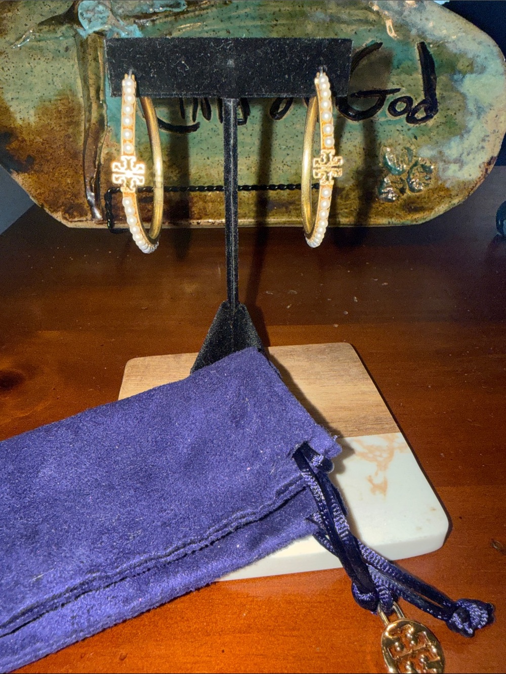 Tory Burch Gold Hoop Earrings with Pearl Accents